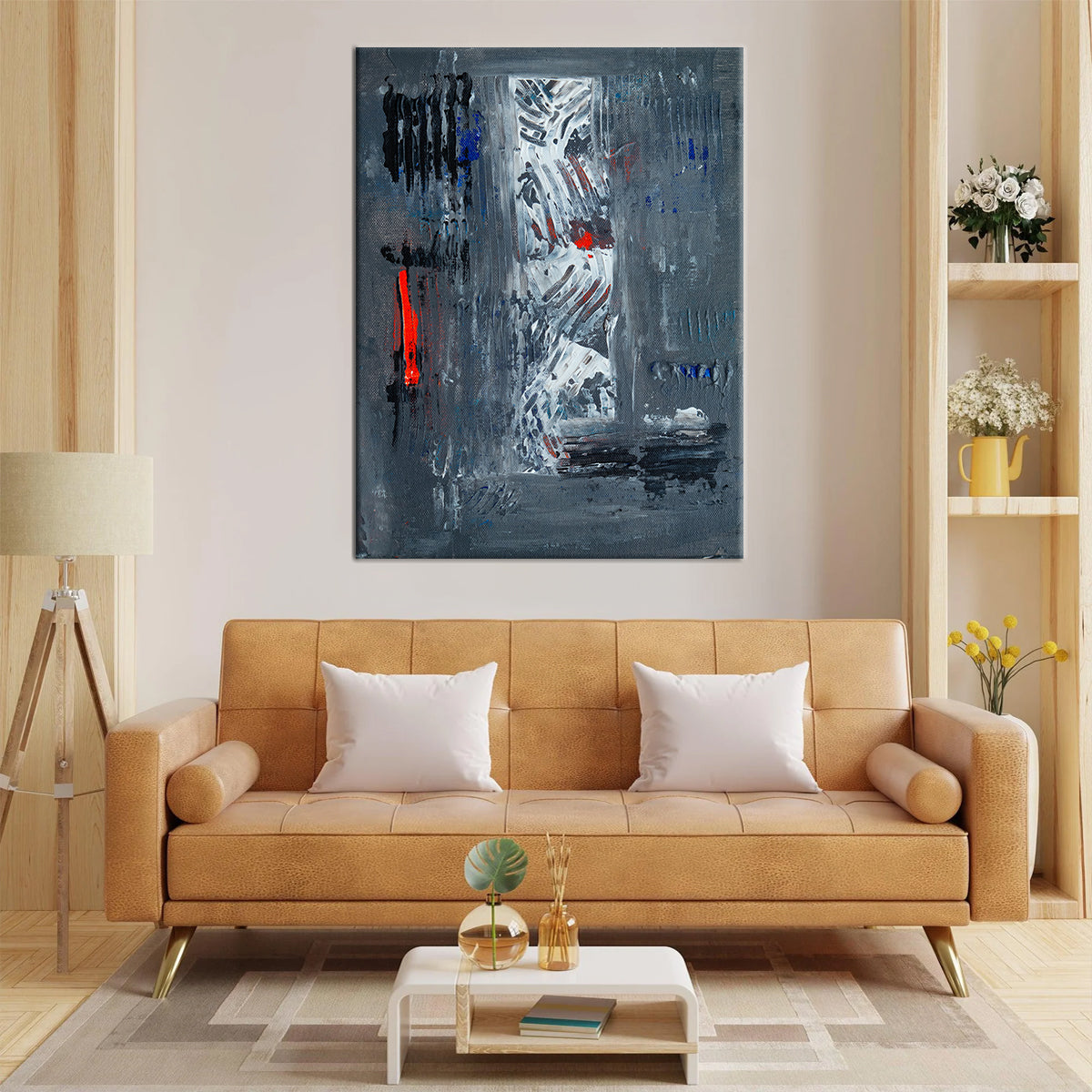 لوحة كانفاس مؤطرة بتصميم تجريدي مستوحى من الرسم الزيتي.