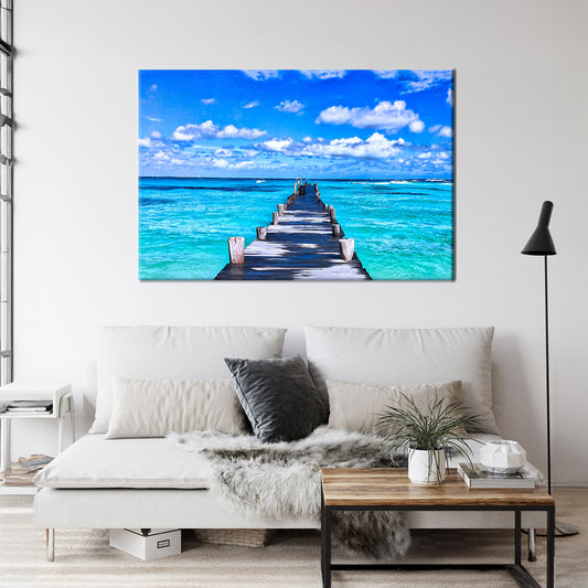Blue Beach Pier Framed Canvas