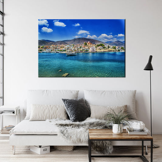Greece Blue Mediterranean Island City Building Framed Canvas